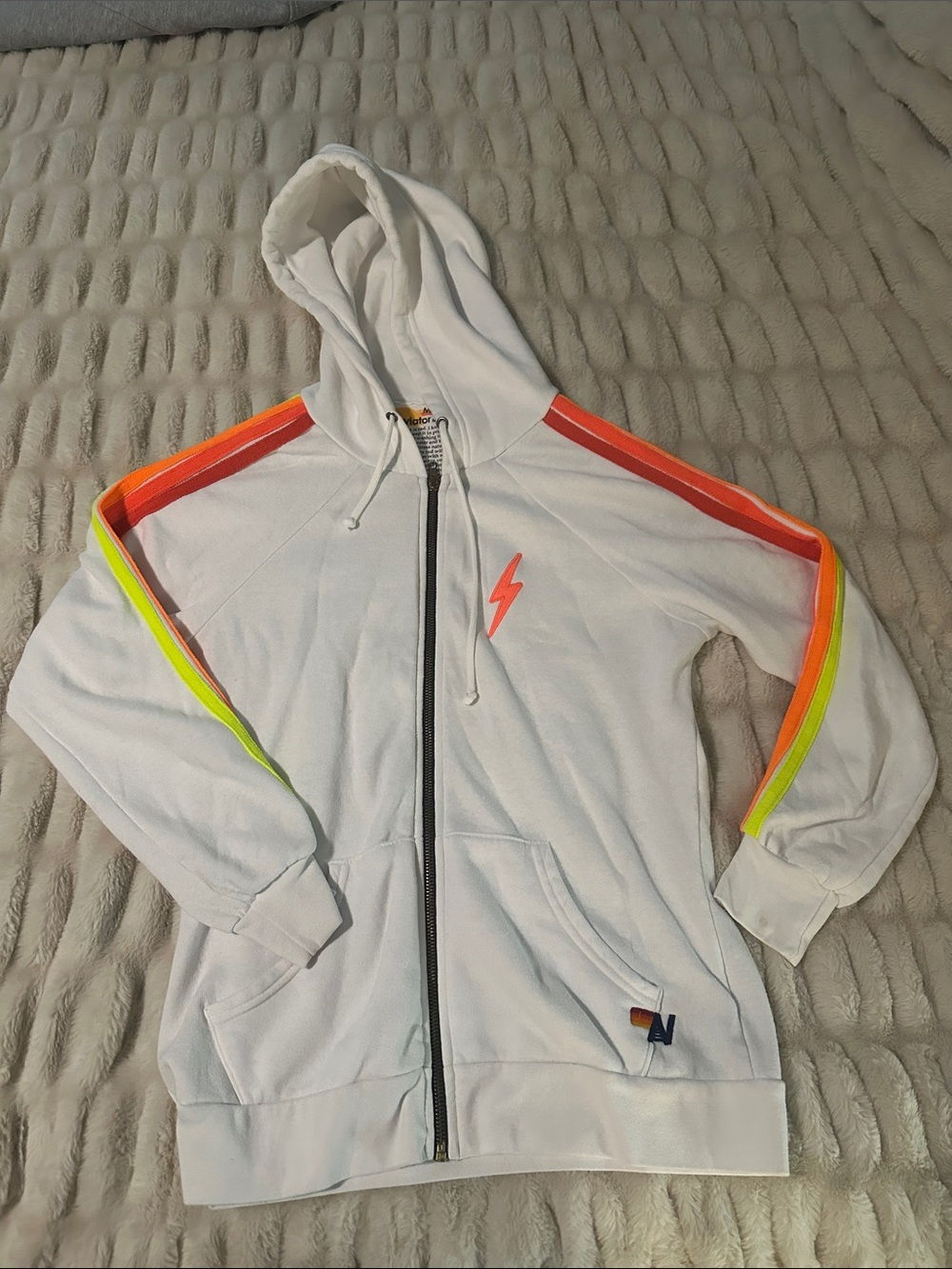 Women’s Aviator Nation White Zip-Up Hoodie with Neon Accents Medium